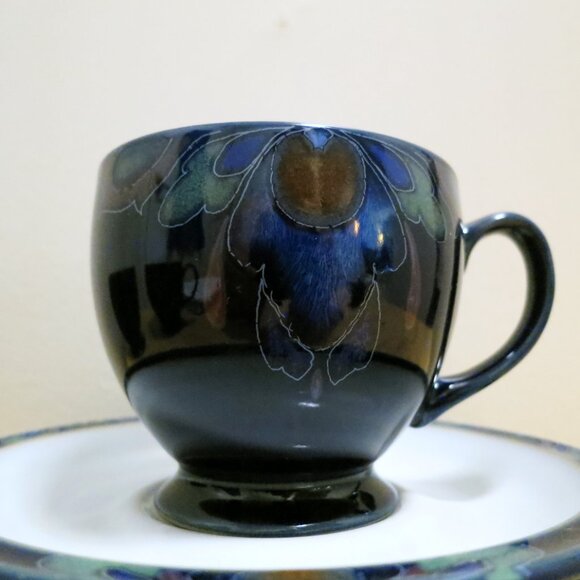 X3 Denby Baroque England Footed Tea Coffee Cups & Saucers Cobalt Blue Flower - Picture 2 of 9